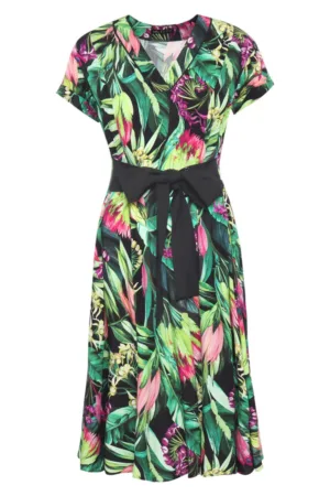 Rochie cu imprimeu tropical si talie marcata - Multicolor