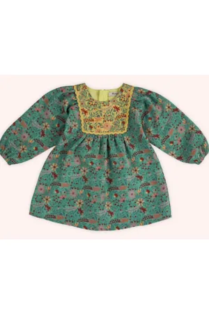 Rochie cu maneca lunga - Retro Journey - Verde & Galben - pentru fetite