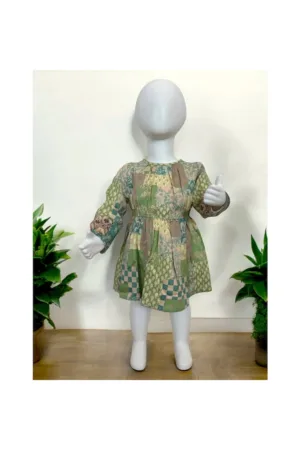 Rochie cu maneca lunga si elastic in talie - - Botanic Garden - Bej & Verde - pentru fetite