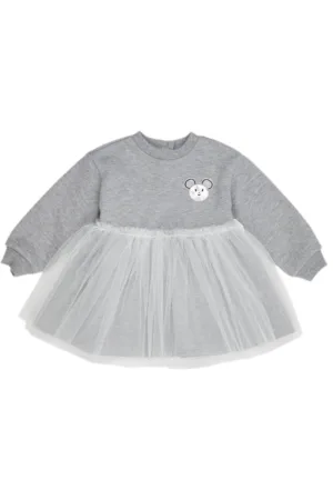 Rochie cu maneca lunga si iepuras - cu tull - - Little Ballerina - Gri Melanje - pentru fetite