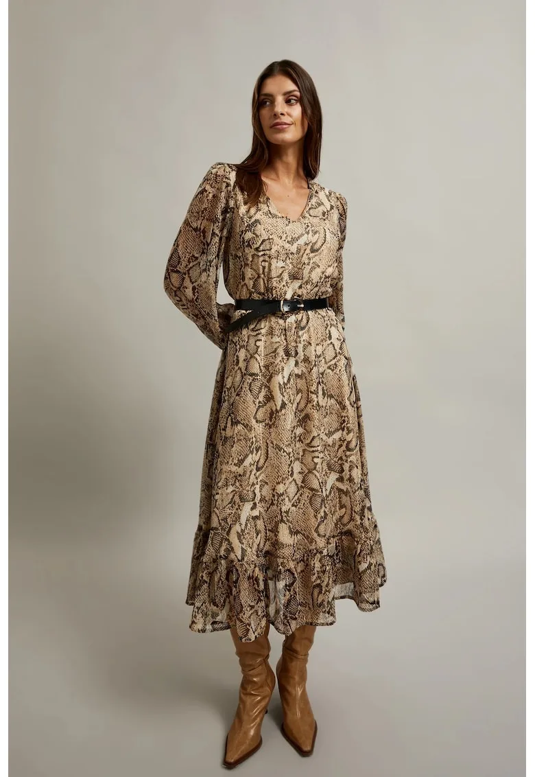 Rochie cu maneci bufante si imprimeu animalier bej