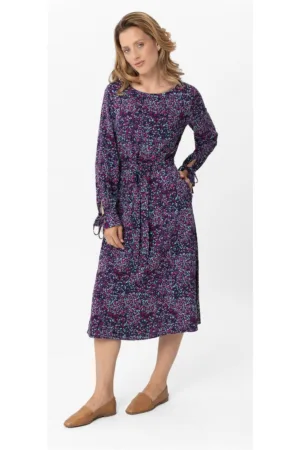 Rochie cu model abstract - maneca lunga -  G-Ella - cu cordon - violet