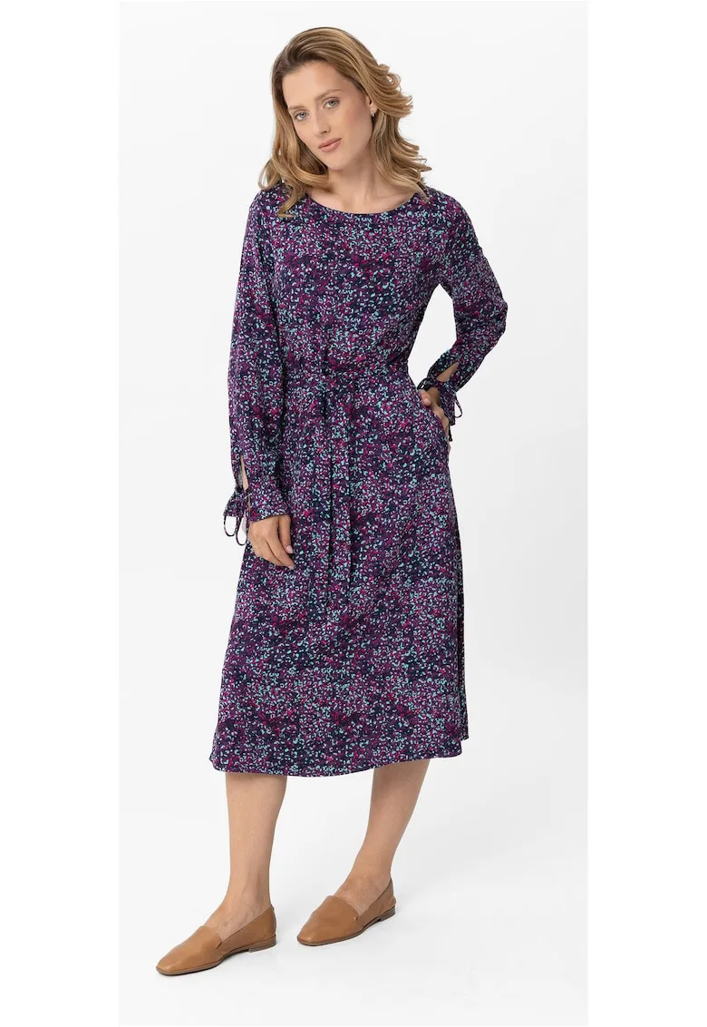Rochie cu model abstract - maneca lunga - G-Ella - cu cordon - violet