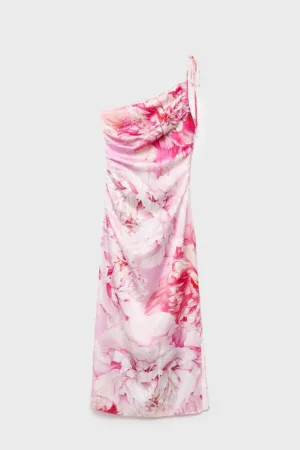 Rochie cu model floral si decolteu pe un umar