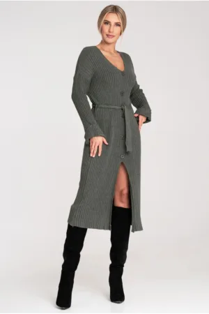 Rochie cu nasturi - verde olive - viscoza -