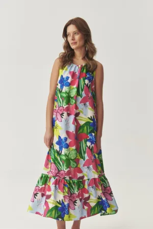 Rochie cu pliuri si model floral - fara maneci