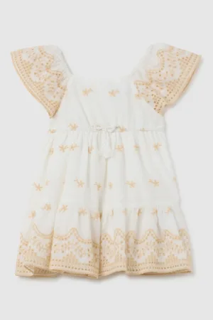 Rochie cu snururi de ajustare in talie si broderie