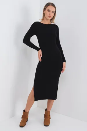 Rochie cu striatii - maneci lungi si slit lateral