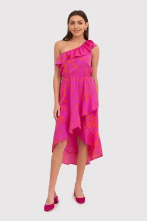 Rochie cu volane pe un umar in roz DA1722 PINK