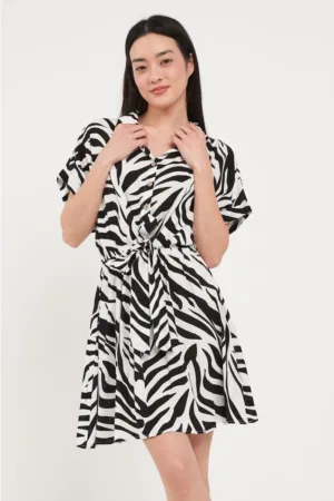 - Rochie dama tip camasa cu imprimeu (Culoare: WHITE - Marime: M/38)
