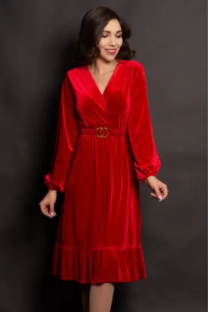 Rochie de Craciun din catifea rosie cu volan la terminatie