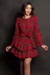 Rochie de Craciun in carouri cu volane si cordon in talie