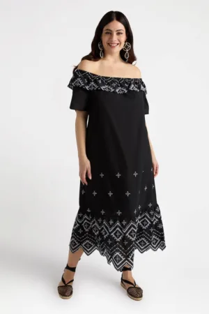 Rochie de bumbac cu decolteu pe umeri
