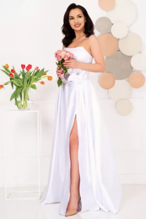 Rochie de cununie lunga alba Lorelai din tafta cu floare 3D