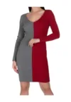 Rochie de dama  bicolor - maneca lunga - gri rosu - bumbac -