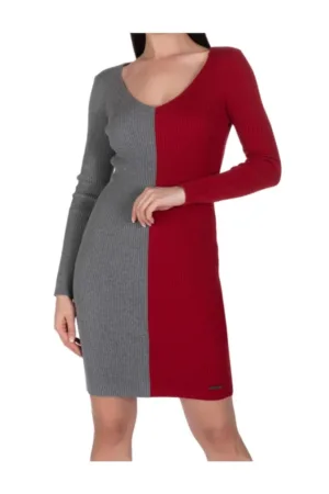 Rochie de dama  bicolor - maneca lunga - gri rosu - bumbac -