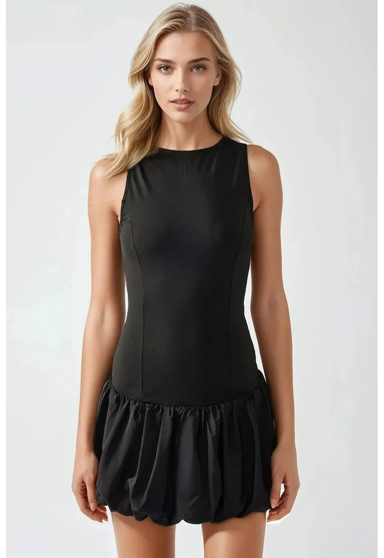 Rochie de dama mini - guler rotund - imprimeu balon - negru - tricot