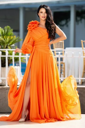 Rochie de lux Chic Diva orange lunga cu fronseuri si floare 3D