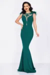 Rochie de lux Kathrin sirena verde cu flori 3D la umeri si fulgi