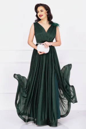 Rochie de nasa Maia verde lunga eleganta cu sclipici si accesoriu cu fulgi