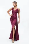 Rochie de ocazie din lycra satinat cu bretele din strass-uri Ancona Magenta