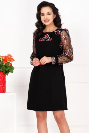 Rochie de ocazie Norina neagra cu broderie florala