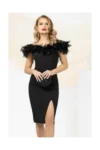 Rochie de ocazie Pretty Girl neagra cu pene si umerii goi