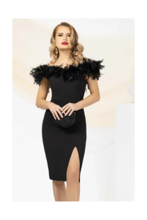 Rochie de ocazie Pretty Girl neagra cu pene si umerii goi