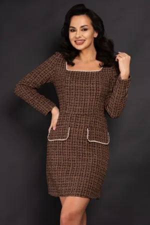Rochie de ocazie Raissa maro din tweed cu perlaje decorative