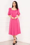 Rochie de ocazie Valeria fucsia cu pliuri si maneci bufante
