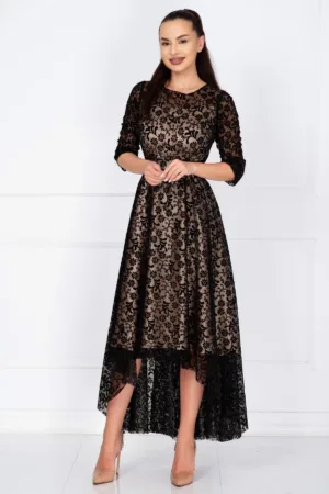 Rochie de ocazie asimetrica Francesca cu model floral din catifea si dublura bej