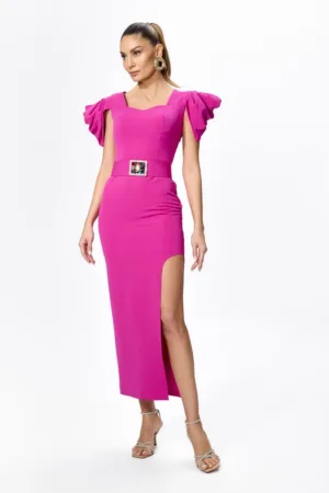 Rochie de ocazie asimetrica cu maneci scurte bufante Lisandra Ciclam