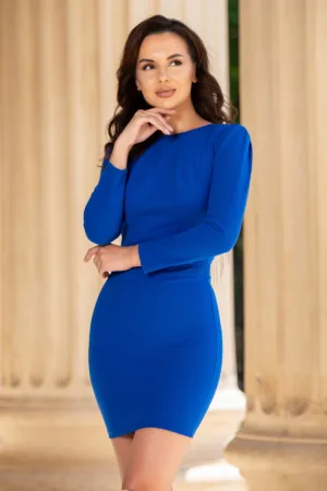 Rochie de ocazie cambrata albastra cu spatele gol si franjuri din strassuri