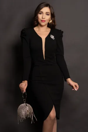 Rochie de ocazie cambrata neagra cu brosa detasabila