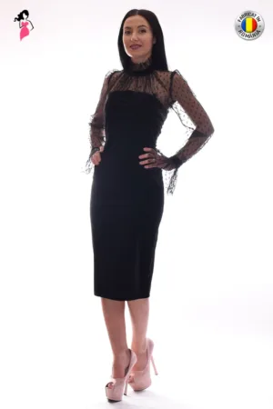 Rochie de ocazie conica midi din catifea cu maneci transparente din dantela