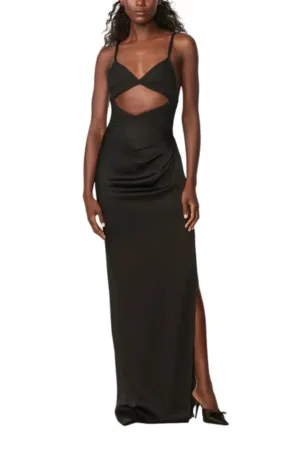 Rochie de ocazie cu bustiera din bandaj iconic si fusta din matase drapata cu crapatura laterala