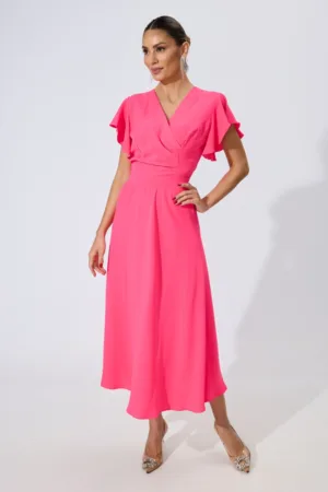 Rochie de ocazie cu decolteu in V si maneci tip volane Sheila Roz