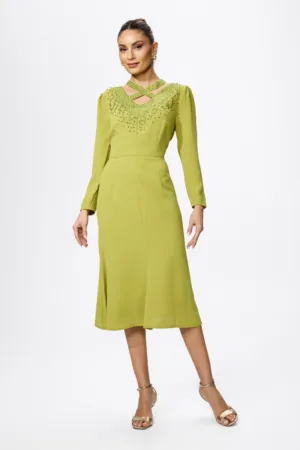 Rochie de ocazie cu decupaje si strass-uri in partea superioara Samina Fistic