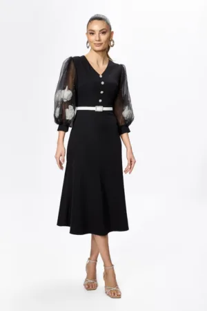 Rochie de ocazie cu flori 3D pe maneci si butoni cu strass-uri Denitra Neagra