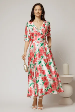 Rochie de ocazie cu imprimeu rosu si verde lunga de ocazie