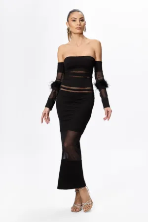 Rochie de ocazie cu insertii din tull transparent Shebara Neagra