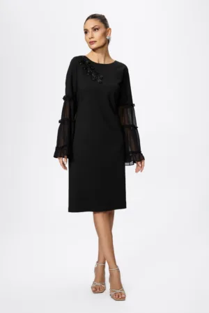 Rochie de ocazie cu maneci clopot din voal si strass-uri Jiana Neagra