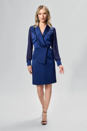 Rochie de ocazie cu maneci din voal si strass-uri Graciella Bleumarin