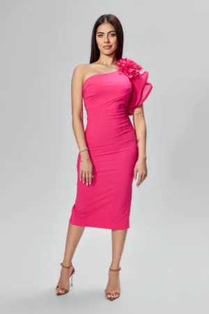 Rochie de ocazie cu model one shoulder si floare 3D Aritina Ciclam