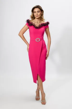Rochie de ocazie cu model petrecut si volane negre Olisha Ciclam
