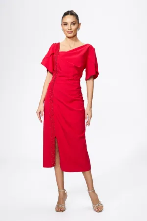 Rochie de ocazie cu pliuri si strass-uri Oriella Rosie