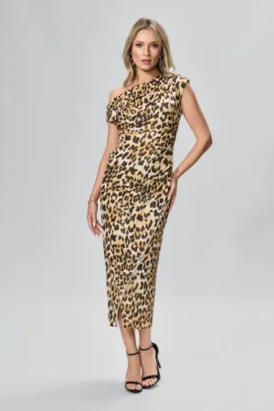 Rochie de ocazie cu strass-uri si model one shoulder Fereya Animal Print