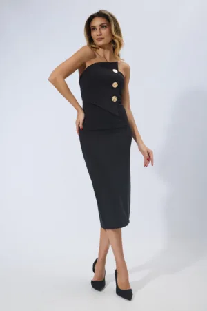 Rochie de ocazie cu umerii goi si butoni aurii Nadine Neagra