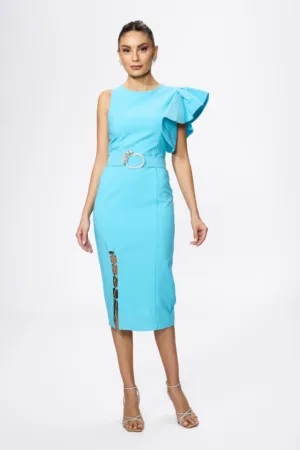 Rochie de ocazie cu volan si crepeu prevazut cu lant Liona Bleu