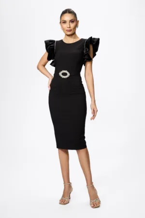 Rochie de ocazie cu volane la umeri Donya Neagra